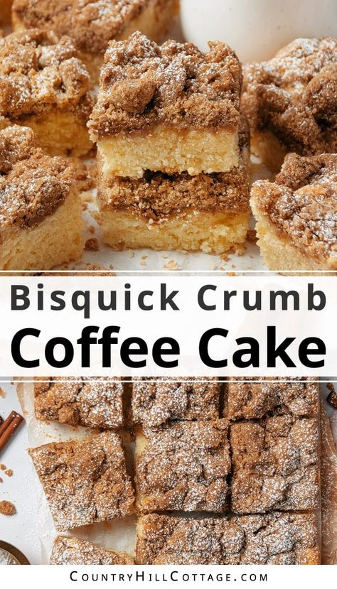 This moist Bisquick coffee cake is a quick and easy recipe you can put together in a pinch. Made with Bisquick baking mix, brown sugar, and butter, it takes just 20 minutes and 7 pantry staple ingredients to prepare this simple, soft and fluffy coffee crumb cake. You can whip it up whenever you’re in the mood for homemade cake. The Bisquick cinnamon streusel cake is perfect for breakfast, brunch and teatime, bring to a bake sale, but could also double as dessert. | CountryHillCottage.com