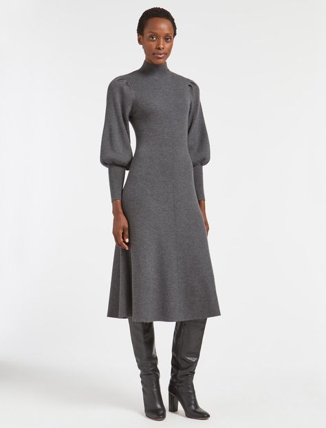 Knitted Dress Outfit, Grey Knit Dress, Elegant Boots, Eva Dress, Knit Dresses, Blouson Sleeve, Knit Maxi Dress, Fall Winter Dresses, Ribbed Knit Dress