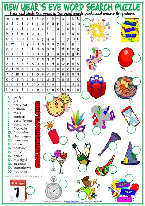 New Year's Eve ESL Word Search Puzzle Worksheet Vocabulary Games For Kids, Word Puzzles For Kids, New Year Words, Weather Vocabulary, Puzzle Worksheet, Missing Letters, Esl Vocabulary, New Years Traditions, Birthday Words