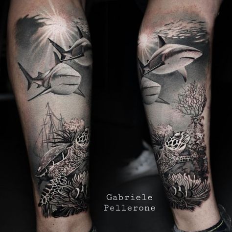 Underwater Theme Sleeve Tattoo, Underwater Forearm Tattoo, Realistic Underwater Tattoos, Underwater Leg Tattoo, Seascape Tattoo Sleeve, Ocean Life Sleeve Tattoo, Black And Grey Underwater Tattoo, Shark Ocean Tattoo, Ocean Realism Tattoo