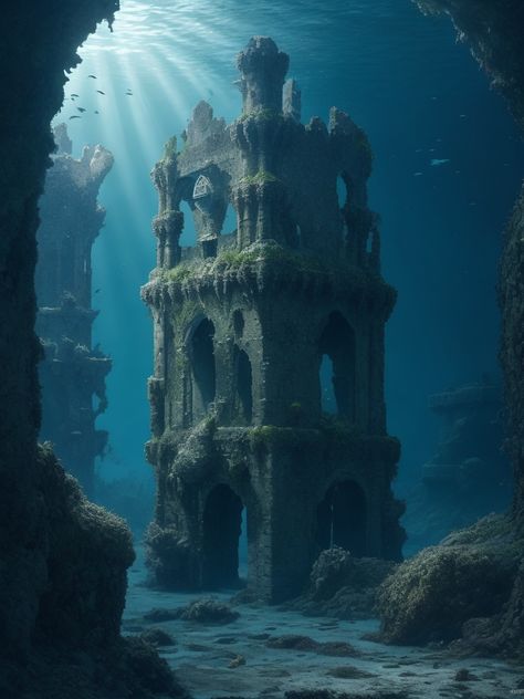 Ruins Tattoo, Atlantis Ruins, Sunken Ruins, Sea Tattoo Sleeve, Under Water World, City Under The Sea, Underwater Ruins, Sea Pictures, Sea Tattoo