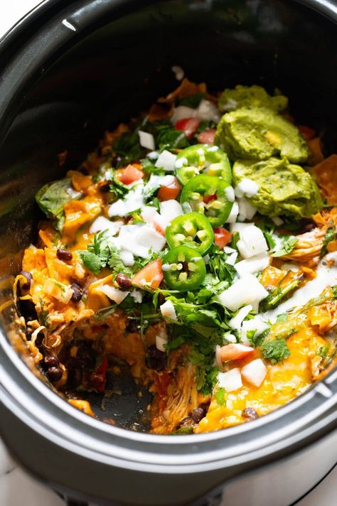 Slow Cooker Chicken Enchilada Casserole - iFoodReal.com Crock Pot Enchiladas, Slow Cooker Chicken Enchilada Casserole, Enchiladas Crockpot, Greek Yogurt Guacamole, 40 Grams Of Protein, Healthy Chicken Enchiladas, Slow Cooker Chicken Stew, Slow Cooker Chicken Chili, Chicken Enchilada Casserole