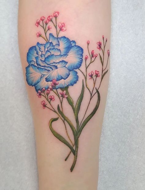 A pretty blue flower done by @kristylynneart. Love the illustrative sort of design for this piece, with dark edges, and lighter insides of the flower, along with the little pink flowers with white highlights. Blue Flower Tattoo, Blue Flower Tattoos, Carnation Tattoo, Mama Tried, Floral Tattoos, Sunflower Tattoos, White Highlights, Flower Blue, Best Tattoo