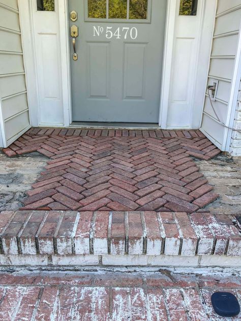 Herringbone Brick Patio, Mortar Wash, Herringbone Brick, Brick Porch, Brick Steps, Brick Patio, Porch Makeover, Farmhouse Front Porches, Porch Flooring