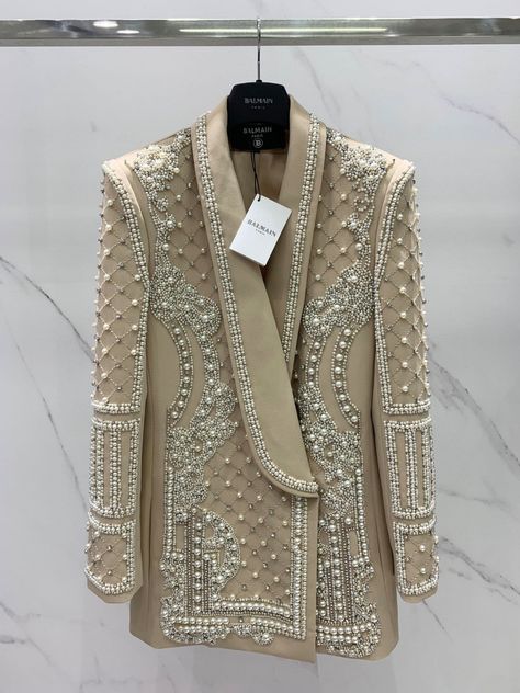 Luxury Embellished Party Blazer, Luxury Elegant Outerwear With Pearl Embroidery, Luxury Designer Embroidered Blazer, Luxury Beaded Elegant Outerwear, High-end Wedding Blazer With Intricate Embroidery, Pearl Suit, Pearl Blazer, Fashion Designer Dresses, Maxi Frocks