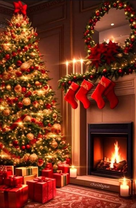 Christmas Tree And Fireplace, Pretty Christmas Decorations, Merry Christmas Wallpaper, Christmas Scenery, Winter Mood, Christmas Wallpapers, Christmas Phone Wallpaper, Christmas Tree Inspiration, Christmas Themes Decorations