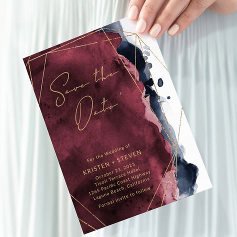 Burgundy &amp; Navy Blue Watercolor Save The Date Invitation - navy gold save the date invitations Navy Burgundy Gold Wedding Invitations, Burgundy Navy Blue Wedding, Navy And Burgundy Wedding, Watercolor Save The Date, Brand Aesthetics, Burgundy Invitations, Burgundy And Navy Blue, Navy Blue Watercolor, Gold Save The Dates