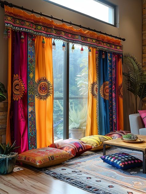 16 Boho Curtain Designs for the Free Spirit - H.M.G Boho Bedroom Decor Hippie, Hippie Curtains, Cortinas Boho, Bohemian Style Decor, Setting The Mood, Fabric Hanging, Boho Style Decor, Bohemian Furniture, Ethnic Home Decor