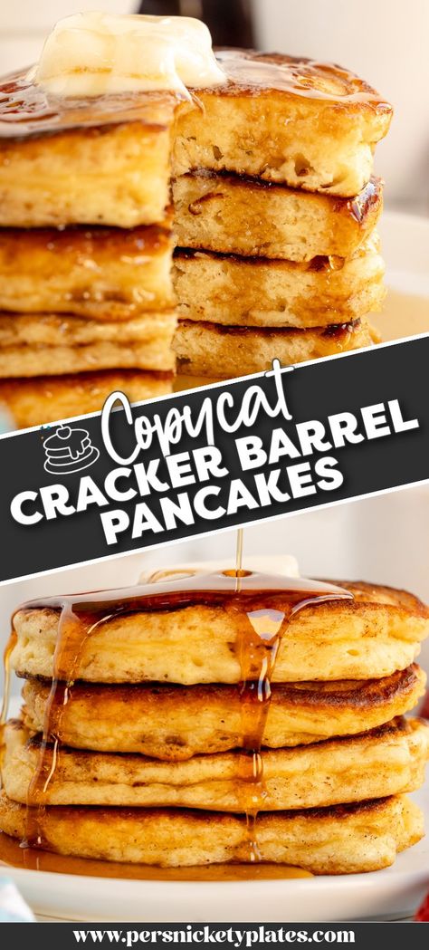 Whip up a stack of these Cracker Barrel pancakes dripping in melted butter and syrup in just 30 minutes. Tender, fluffy buttermilk pancakes with buttery, crisp edges are better served at home! | www.persnicketyplates.com Traditional Pancake Recipe, Pecan Pancakes Cracker Barrel, Peanut Butter And Jelly Pancakes, The Best Buttermilk Pancakes, Diner Style Pancakes, Cracker Barrel Pancakes Copycat, How To Make Homemade Pancakes, Honey Butter Pancakes, Cracker Barrel Pancake Recipe