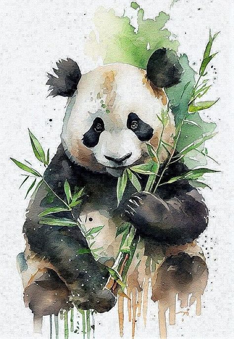 Panda Eating Bamboo, Jungle Drawing, Watercolour Animals, Panda Eating, Chinese Watercolor, Panda Artwork, رسم كاريكاتير, Panda Painting, Painting Kids