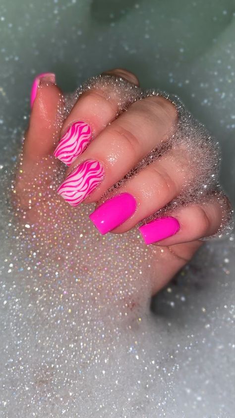 Pink Barbie Nail Art, Pink Barbie Nails Design, Pink Barbie Inspired Nails, Nail Barbie Pink, Cute Barbie Nails, Pink French Nails With Heart, Barbie Pink Acrylic Nails Designs, Barbie Pedicure, Barbie Theme Nails