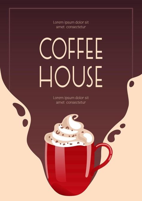 Latte, Hot chocolate or coffee, cocoa and whipped cream in a red mug. Banner for coffee shop, cafe bar, barista. Vector illustration for poster, banner, flyer, advertising, publicity, promo, menu Hot Chocolate Advertising, Hot Chocolate Graphic Design, Hot Chocolate Poster Design, Coffee Poster Design Illustration, Coffee Poster Ideas, Coffee Poster Design Graphics, Bar Logo Design Ideas, Hot Chocolate Poster, Hot Chocolate Illustration