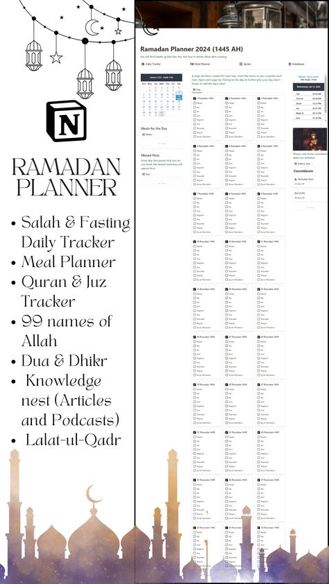 Introducing the -Notion Ramadan Planner Template - the ultimate tool to help you stay organized and maximize your productivity this Ramadan.
#notion #ramadanplanner #notiontemplate #planner Ramadan Planner Free Printable, Ramadan Notion, Tracker Free Printable, Fasting Tracker, Planner Free Printable, Ramadan Planner, Travel Planner Template, Tracker Free, Ultimate Planner