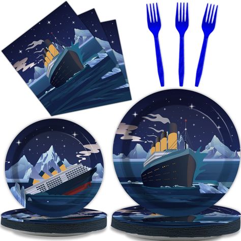 PRICES MAY VARY. 【Package Includes】 You will receive 24 pieces of Titanic party paper dinner plates of 9’’, 24 pieces Ocean paper plates of 7’’, 24 pieces of Ferry napkins of 6.5’’ and 24 plastic nautical forks for each set that can serve 24 guests. 【Ocean Party Design】Except for the fork, this Ferry theme party tableware set pattern is rock Decorating your Titanic party with these tableware kits can make your party full of the dreamy nautical atmosphere. 【Premium Material】All of our Titanic the Titanic Birthday Party For Kids, Titanic Birthday Party, Titanic Birthday, Ocean Party Decorations, Titanic Party, Ocean Theme Birthday, Birthday Party Table Decorations, Nautical Party Decorations, Movie Birthday Party