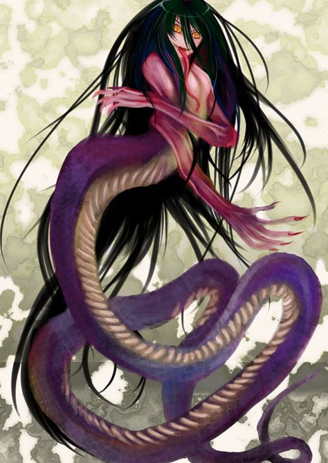 Nure-onna- Japanese folklore: a creature with the head of a woman and the body of a snake. She has snake eyes, long claws, long beautiful hair, long tongue, 300m long body, and fangs. She wishes for solitude while she washes her hair in a river. If you bother her she would attack you by sucking your blood using her long tongue and fangs. Cryptid Monsters, Nure Onna, Female Monsters, God Oc, Snake God, Japanese Urban Legends, Japanese Myth, Japanese Legends, Female Monster