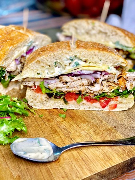 Summer Panini Recipes, Roast Chicken Sandwich Recipes, Roasted Chicken Sandwich, Chicken Sandwich Ideas, Chicken Lunch Ideas, Basil Mayo, Awesome Sandwiches, Panini Recipes Chicken, Chicken Lunch Recipes