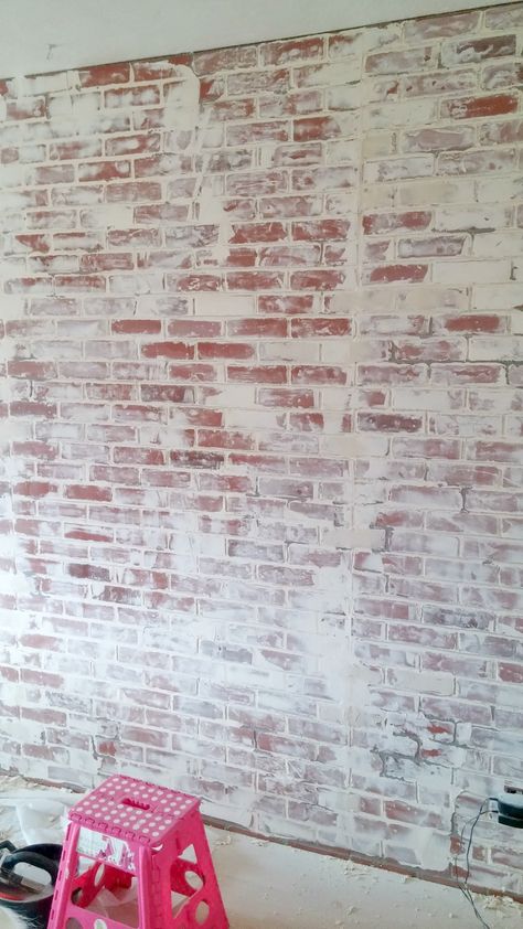 German Schmear Faux Brick Wall ... Faux Brick Wall Living Room, Brick Wall Living Room Decor, Brick Wall Bedroom, Diy Faux Brick Wall, Rustic Brick Wall, Mood Board Living Room, Brick Wall Living Room, German Schmear, Faux Brick Wall Panels