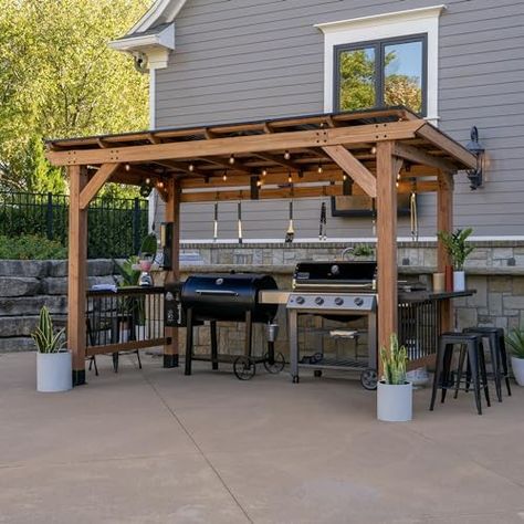 Amazon.com : Backyard Discovery Granada Grill Gazebo Pavilion w/Outdoor Bar, 80" Grill Space, Hard Top Steel Metal Roof, Wind Resistant - 100 mph, Supports 4,800 lbs of Snow, Electrical Outlet, USB, Grilling Hooks : Patio, Lawn & Garden Gazebo Pavilion, Grill Gazebo, Gazebo Pergola, Outdoor Grill, Electrical Outlets, Outdoor Bar, Outdoor Ideas, Garden Patio Furniture, Metal Roof