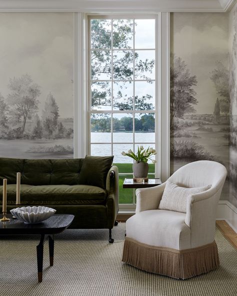 Weeth is partial to the home’s main living room and the third-floor bedroom that really capture her creative vision for this home. The living room is enveloped in a Susan Harter landscape mural wallpaper and overlooks the reflecting pool to really set the scene of the outside setting guiding the interior design. Milieu Magazine, Window Bench Seat, Center Hall Colonial, Built In Dresser, Wrought Iron Stairs, Beautiful Living Rooms, Colonial House, Historic Home, Indoor Outdoor Living