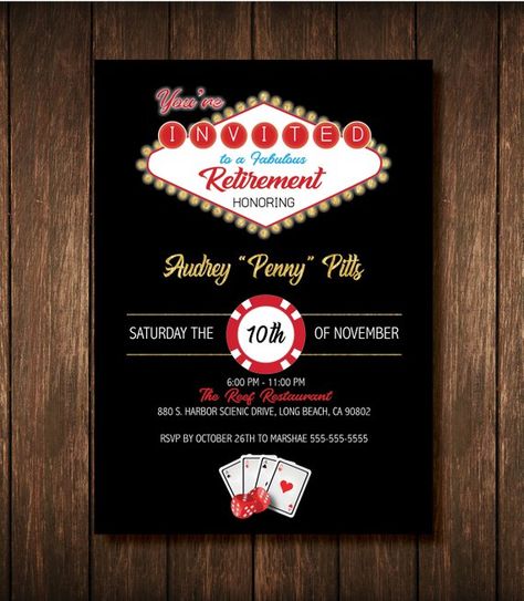 Casino Theme Retirement Party Invitation - Custom Digital Copy Casino Birthday Party Invitations, Vegas Retirement Party Ideas, Casino Theme Retirement Party, Casino Retirement Party Ideas, Casino Theme Invitations, Maffia Party, Theme Retirement Party, Retirement Party Themes, Casino Birthday Party