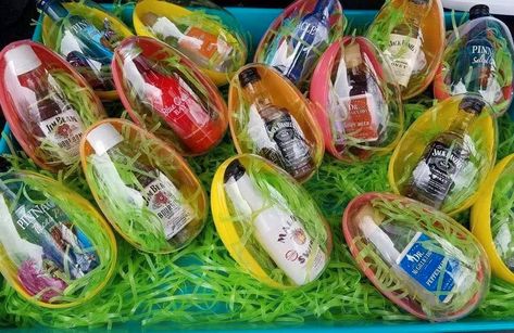 Fill Plastic Eggs With Mini Bottles Of Alcohol For A Boozy Adult Easter Egg Hunt Adult Egg Hunt, Adult Easter Egg Hunt, Bottles Of Alcohol, 1st Of April, Adult Easter Baskets, Mini Liquor Bottles, Adult Easter, Plastic Easter Eggs, Easter Basket Diy