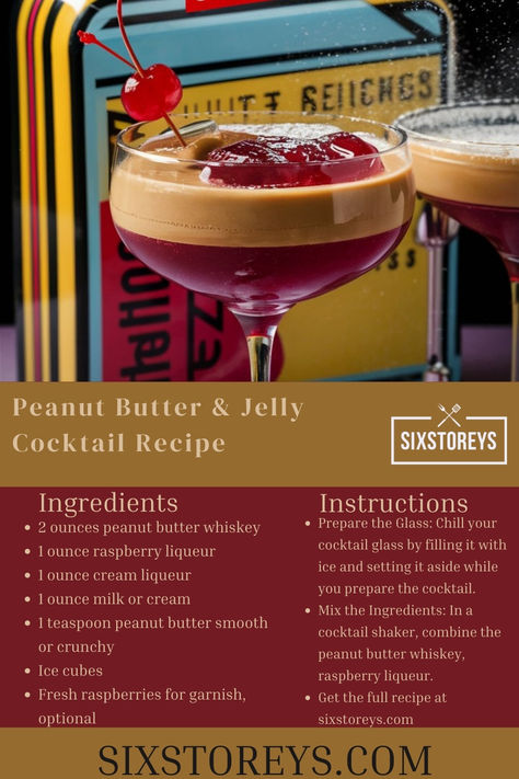 Peanut Butter & Jelly Cocktail Recipe Cocktail Shots, Raspberry Liqueur, Cream Liqueur, Unique Cocktails, Peanut Butter And Jelly, Peanut Butter Jelly, Whiskey Cocktails, Cocktail Glass, Cocktail Recipe