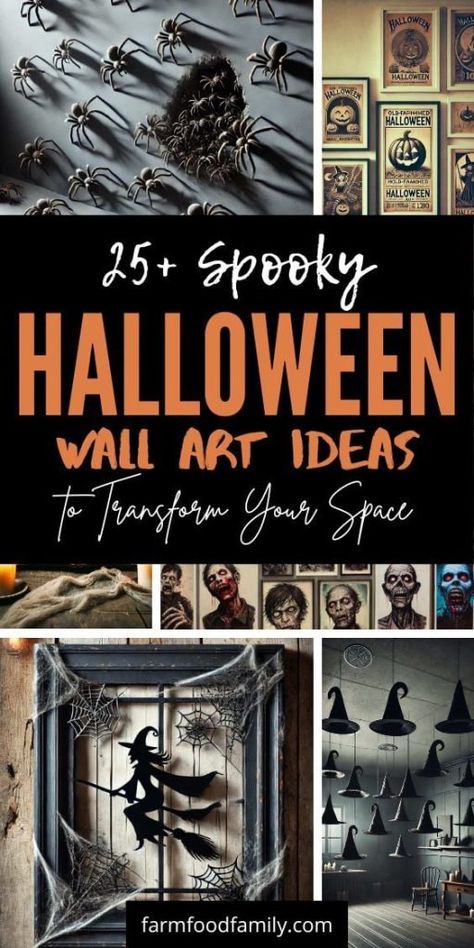 25 Spooky Halloween Wall Art Ideas and Hanging Decorations to Transform Your Space 48 Halloween Wall Decor Ideas, Diy Fall Wall Art, Diy Halloween Wall Decor, Halloween Bar Decor, Halloween Wall Decorations, Eve Art, Halloween Hanging Decorations, Vintage Wall Art Prints, Halloween Tricks