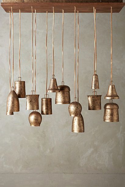 Rustic Campanology Chandelier, Fourteen-Light bell-shaped pendants on a wooden fixture #anthropologie Luminaria Diy, Antique Bell, Bell Decorations, Vintage Industrial Decor, Gongs, Boho Home, Unique Lighting, Home Lighting, Lighting Fixtures