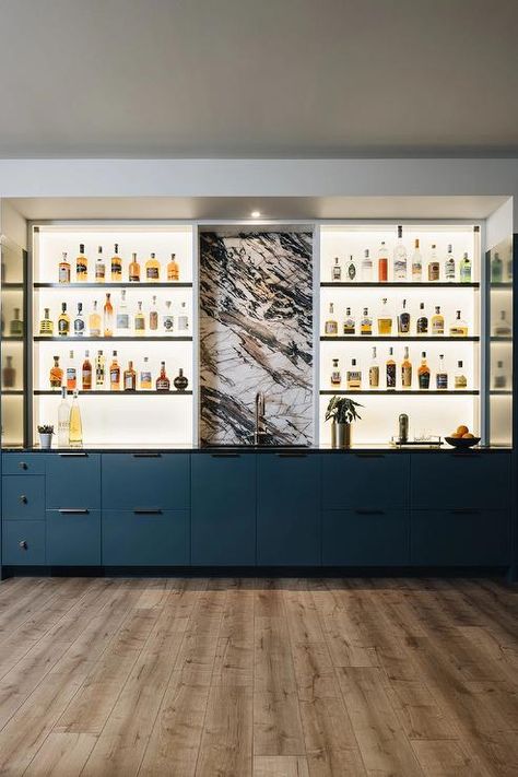 Modern Wet Bar, Small Kitchen Bar, Wet Bar Cabinets, Flat Front Cabinets, Wet Bar Sink, Wet Bar Designs, White Quartzite, Wooden Countertops, Modern Basement