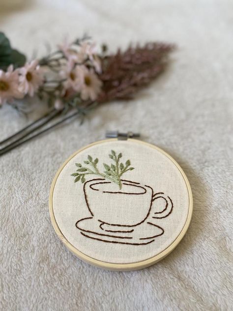 Tea Cup Embroidery, Cup Embroidery, Coffee Embroidery, Kitchen Embroidery Designs, Hoop Wall Art, Embroider Ideas, Canvas Embroidery, Etsy Embroidery, Embroidery Hoop Wall