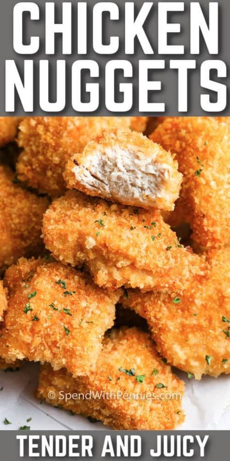 Crispy Chicken Nuggets are an at-home version of your favorite take-out dish. Serve with homemade honey mustard or sweet & sour sauce for the ultimate comfort food! #spendwithpennies #chickennuggets #recipe #ovenbaked #homemade #crispy Best Chicken Nugget Recipe, Breaded Chicken Nuggets, Nugget Recipes, Crispy Chicken Nuggets, Sweet Sour Sauce, Fried Chicken Nuggets, Ms Recipes, Lunch Meals, Baked Chicken Nuggets