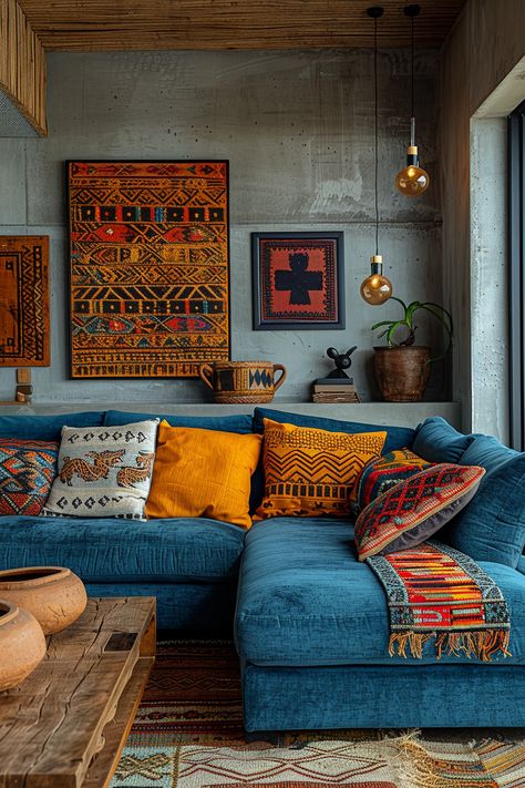 Colorful Living Room Blue Couch, Eclectic Minimalist Living Room, Boho Couches Living Room, Boho Living Room Blue Couch, Colorful Throw Pillows Living Room, Social Living Room, Afro Boho Living Room, Colorful Minimalist Living Room, Throw Blankets Living Room