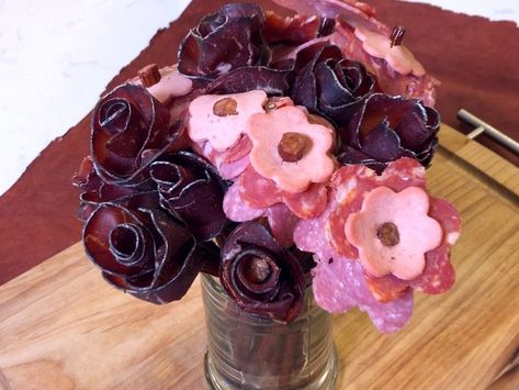 DIY a Beef Jerky Bouquet for Valentine's Day Beef Jerky Flower Bouquet Diy, Beef Jerky Flowers Diy, Beef Jerky Roses, Meat Bouquet, Diy Beef Jerky, Jerky Bouquet, Meat Roses, Beef Jerky Bouquet, Valentines Husband