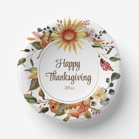 Flowers Edit, Thanksgiving Plates, Flowers Sunflowers, Thanksgiving Paper, Thanksgiving Friendsgiving, Autumn Watercolor, Rustic Autumn, Circular Frame, Thanksgiving Invitation