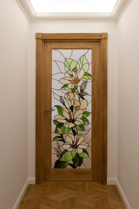 Stained glass doors on Behance Door Stained Glass, Tiffany Stained Glass Windows, Wooden Glass Door, Flowers Stained Glass, Stained Glass Doors, Window Glass Design, Glass Door Design, Tiffany Glass Art, Diy Wood Wall