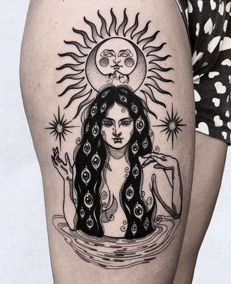 Tattoo inspiration x Tattoo Sonne, Sun And Moon Tattoo, Tattoos For Women Half Sleeve, Sun Tattoos, Irezumi Tattoos, Leg Tattoo Men, Sleeves Ideas, Henna Tattoos, Music Tattoos