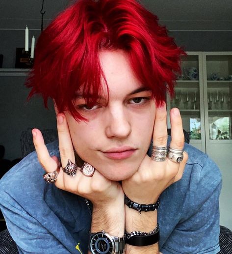 Bright Red Hair Dye, Green Hair Men, Bright Red Hair Color, Red Hair Boy, Red Hair Men, Dyed Hair Men, Men Haircut Curly Hair, Dyed Red Hair, Bright Red Hair