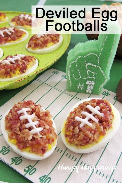 Deviled Egg Footballs make a fun game day snack. Perfect for tailgating or homegating these bacon covered deviled eggs taste as great as they look. #football #deviledeggs #eggs #gameday #superbowl #partyfood #tailgating #homegating #nfl Game Day Deviled Eggs, Football Themed Food, Healthy Football, Football Recipes, Football Treats, Football Banquet, Football Party Foods, Healthy Superbowl, Superbowl Sunday