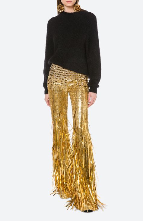 Gold Trousers, Gold Sequin Pants, Creative Black Tie, 50's Costume, Jazz Outfits, Fashion Show Themes, Gold Sequin Skirt, Fringe Pants, Holiday Party Fashion