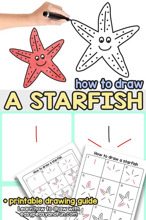 How to Draw a Starfish Step by Step Tutorial Starfish Cartoon Drawing, How To Draw Starfish, How To Draw A Starfish, Sea Star Drawing, Draw Starfish, Summer Drawing Ideas, Starfish Printable, Starfish Drawing, Cartoon Starfish