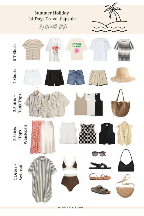 What to pack for a fourteen-day summer vacation? Pack with me a summer travel capsule wardrobe in a casual minimalist style using the 5-4-3-2-1 packing system. Summer Packing List 1 Week Beach, Packing 5 4 3 2 1, Capsule Summer Wardrobe Travel Packing, 3 Day Beach Trip Outfits, 5 4 3 2 1 Packing Summer, Summer Outfit Vacation, 5 4 3 2 1 Packing, Beach Looks Outfits, 10 Day Travel Wardrobe Summer