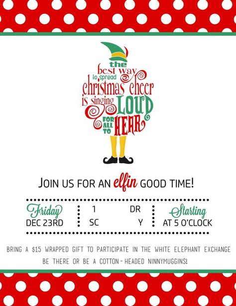 Buddy the Elf Family Christmas Party | CatchMyParty.com Buddy The Elf Party Invitations, Elf Movie Party Ideas, Elf Party Invitations, Summer Christmas Party, Elf Movie Party, Elf Christmas Party, Christmas Party Invitation Wording, Movie Party Invitations, Elf Buddy