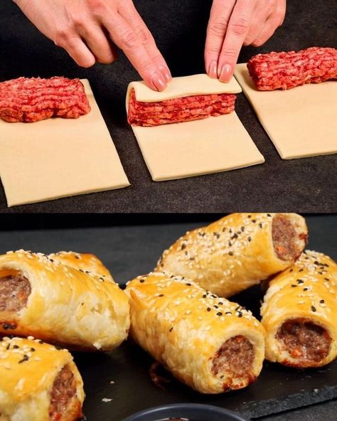 Puff Pastry Sausage Rolls, Sausage Kebabs, Sausage Rolls Recipe, Homemade Tortilla, Tortilla Recipe, Puff Pastry Sheets, Delish Recipes, Minced Meat, Sausage Rolls