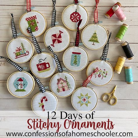 12 Days of Stitchy Ornaments - Confessions of a Homeschooler Ornament Cross Stitch, Cross Stitch Pattern Christmas, Cross Stitch Cross, Stitch Cross Stitch, Christmas Embroidery Patterns, Vintage Holiday Decor, Quilted Ornaments, Just Cross Stitch, Cross Stitch Christmas Ornaments