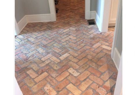 Brick Tile Flooring, Rustic Tile Floor, Brick Tile Floor, Brick Floors, Brick Floor, Paver Tiles, Reclaimed Brick, Brick Tile, Painted Floor