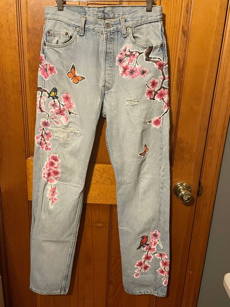 Excited to share this item from my #etsy shop: Vintage Button Fly Levi's Cherry Blossom jeans / Light wash vintage Levi's / Monarch Butterfly jeans / Upcycled denim jeans / Made to order #blue #pink #bohohippie #high #relaxed #button #yes #vintage #upcycle Butterfly Jeans, Vintage Upcycle, Upcycled Jeans, Monarch Butterflies, Upcycle Jeans, Jeans Light Wash, Handmade Brand, Upcycled Denim, Jeans Light