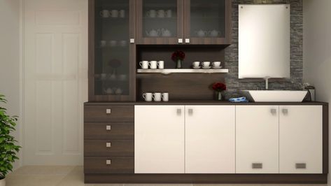 Crockery Unit Design With Wash Basin, Side Sink, Mandir Ideas, Crockery Cabinet Design, Crockery Cabinet, Crockery Unit Design, Crockery Unit, Washbasin Design, Unit Design