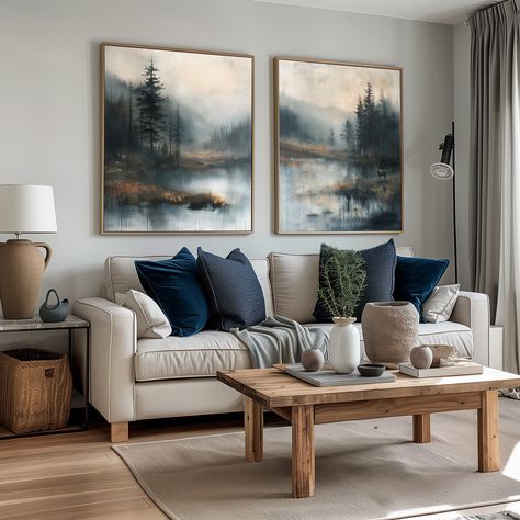 Outdoorsman Home Decor, Blue Gray Room Ideas, Elegant Lake House Decor, Mountain Coastal Decor, Lake Cabin Living Room, Blue Gray Brown Living Room, Navy Blue Accent Living Room, Woodsy Decor Living Room, Cozy Lake House Living Room