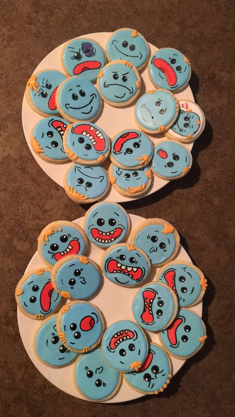 Rick and Morty Mr. Meeseeks sugar cookies Rick And Morty Mr Meeseeks, Cake Icing Tips, Diy Geek, Mr Meeseeks, Cute Text, Pumpkin Decorating Contest, Pickle Rick, Cooking Humor, Funny Birthday Cakes