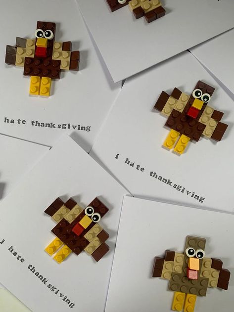 A Thanksgiving Card created from Lego Bricks. Turkeys hate Thanksgiving! Lego Turkey, Lego Cute, Santa Christmas Cards, Lego Lovers, Thanksgiving Card, Thanks Giving, Lego Bricks, Thanksgiving Cards, Christmas Cards To Make